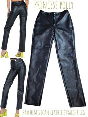 Princess polly Women's Black HR straight leg Pant vegan leather raw hem 6